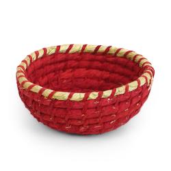 Round basket, recycled sari material and kaisa grass red 15x7cm