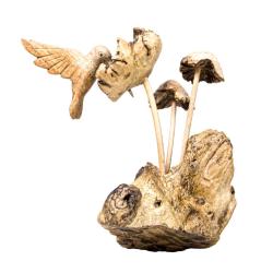 Hand-Carved Hummingbird with Woodland Toadstools