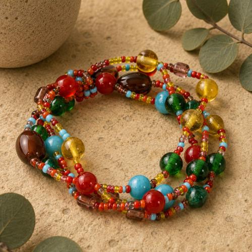 Bracelet multicoloured glass bead 4 string
