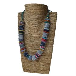 Necklace recycled denim jeans, multicoloured chunks & circles green cord