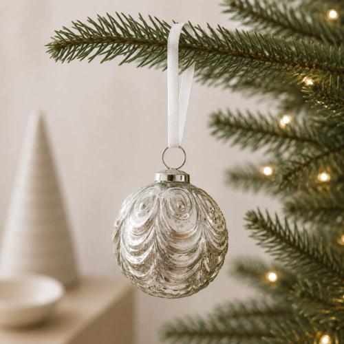 Glass Bauble Round Petal Pattern 7.5cm Silver Colour