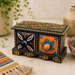 Mini Chest Mango Wood Black 2 Ceramic Drawers 16x10x10cm