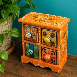 Mini Chest Mango Wood Orange 4 Ceramic Drawers 17x10x17cm