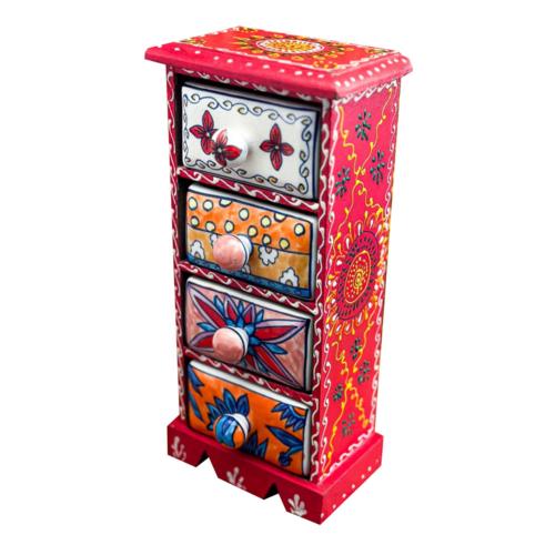 Mini Chest Mango Wood Red 4 Ceramic Drawers Vertical 14x10x30cm