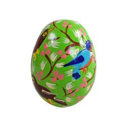 Egg ornament paper maché, birds design green 5 x 3.5cm