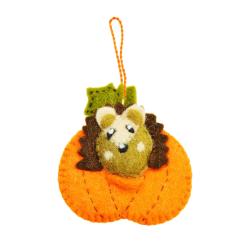 Hanging decoration, felt hedgehog in pumpkin