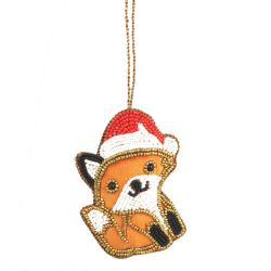Hanging Christmas Decoration Fox With Santa Hat Beaded 