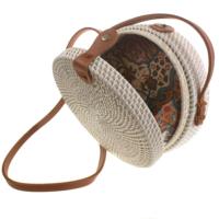 Shoulder bag, rattan, round, faux leather strap, white