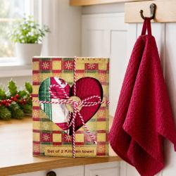 2 Christmas Tea Towels in Heart Cut Out Box Recycled Cotton