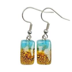 Earrings Recycled Glass Rectangle Turquoise Gold 0.8 x 1.5cm
