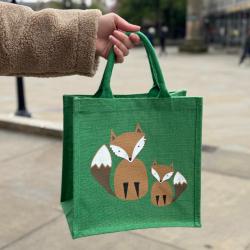 Jute shopping bag, green with foxes