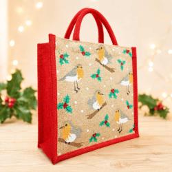 Jute shopper or Christmas gift bag, robins design 30x30cm