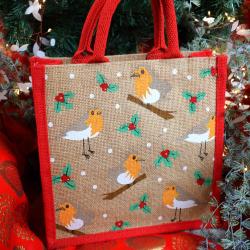 Jute shopper or Christmas gift bag, robins design 25x25cm