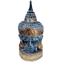 Buddha carved wood blue + gold colour 23x48x10cm