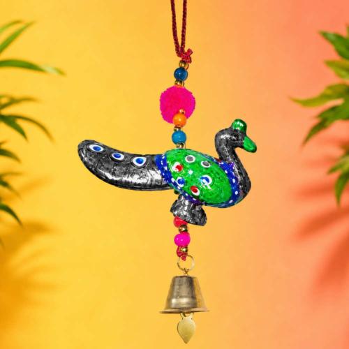Peacock Hanging with Bell Recycled Plastic Black Green