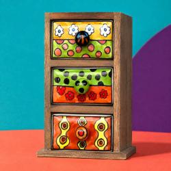 Mini Chest Mango Wood 3 Ceramic Drawers Yellow Green Red 13x25x10cm