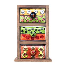 Mini Chest Mango Wood 3 Ceramic Drawers Yellow Green Red 13x25x10cm