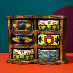 Mini Chest Mango Wood 6 Ceramic Drawers 23 x 9 x 18cm