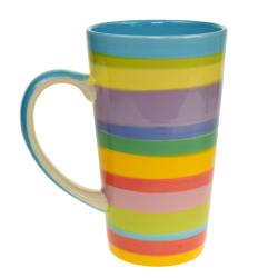 Rainbow tall mug, horizontal stripes, blue inner