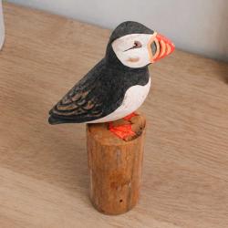 Hand-Carved Albesia Wood Puffin on Driftwood Log