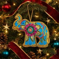 Hanging Decoration Embroidered Elephant Blue