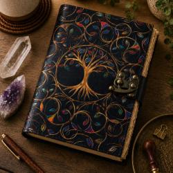 Notebook Leather Tree of Life with Coloured Leaves 13 x 18cm