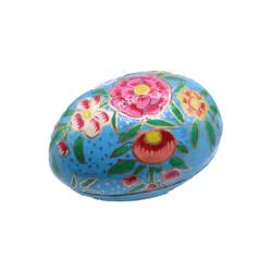 Egg Shaped Trinket Box Pink Flowers on Blue Papier Mâché 9cm