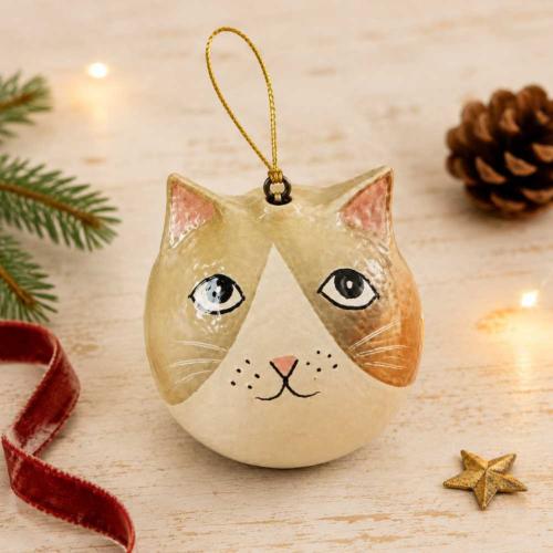 Cat Hanging Decoration Papier Mâché Light Brown 5cm