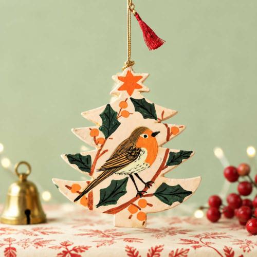 Hanging Tree Shape Decoration Papier Mâché Robin Design 8cm
