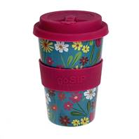 Reusable travel cup, biodegradable, folk florals turquoise