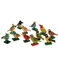 Box of 12 painted wooden birds, assorted 4cm