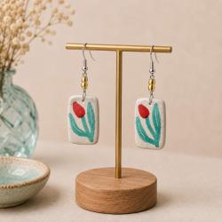 Earrings Kisii Stone Rectangle with Red Flower