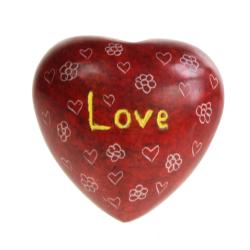 Sentiment pebble heart shape with hearts & flowers, Love, red