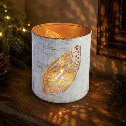 Tealight Holder Whitewashed Metal Leaf Pattern 6.5 x 6 cm