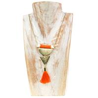 Necklace, gold coloured semi circle & triangle, orange tassel