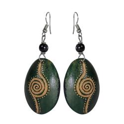 Earrings, cow bone oval shape, green 4 (L) x 3 (W) cm
