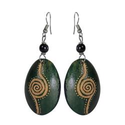 Earrings, cow bone oval shape, green 4 (L) x 3 (W) cm