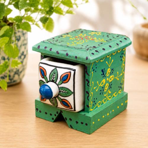 Mini Chest Mango Wood Green 1 Ceramic Drawer 10x10x10cm