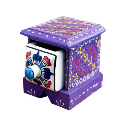 Mini Chest Mango Wood Purple 1 Ceramic Drawer 10x10x10cm