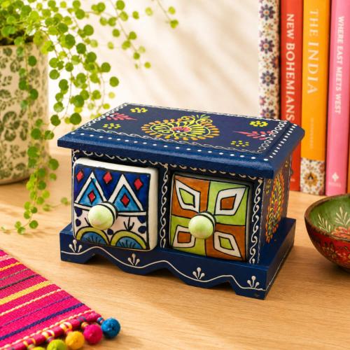 Mini Chest Mango Wood Blue 2 Ceramic Drawers 16x10x10cm