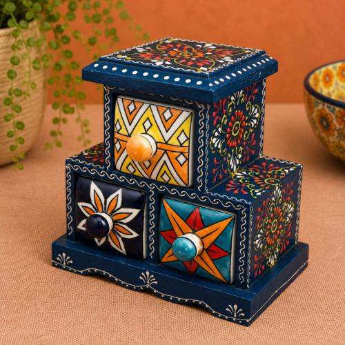 Mini Chest Mango Wood Blue 3 Ceramic Drawers 17x10x19cm