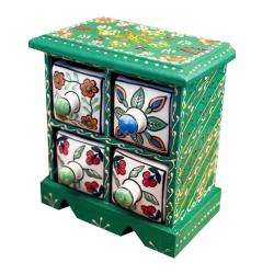 Mini Chest Mango Wood Green 4 Ceramic Drawers 17x10x17cm