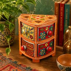 Mini Chest Mango Wood Curved Orange 4 Ceramic Drawers 21x15x24cm