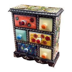 Mini Chest Mango Wood Black 6 Ceramic Drawers 20x10x23cm
