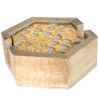 Set of 4 coasters in holder, mango wood honeycomb design