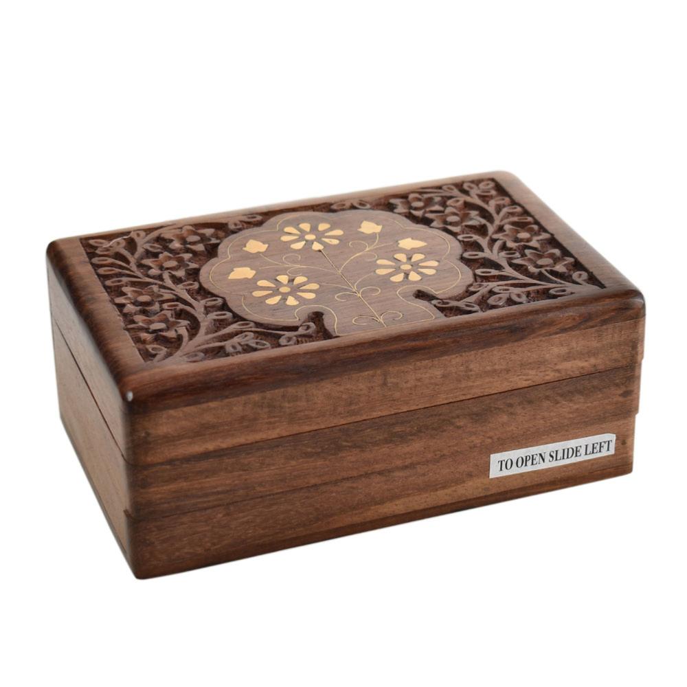 Secret Lock Box Hand Carved Sheesham Wood with Brass Inlay Flowers  15x10x5.5cm
