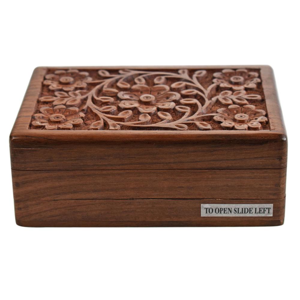 Secret Lock Box Hand Carved Sheesham Wood with Floral Carving 15x9.5x5.5cm