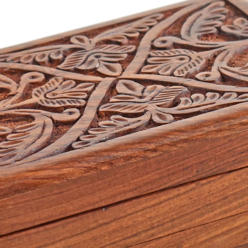 Secret Lock Box Hand Carved Sheesham Wood with Flowers 15x9.5x6cm