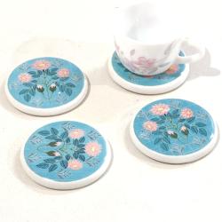 Single Ceramic Coaster Pink Flowers on Blue