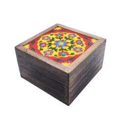 Secret Lock Box Mango Wood with Tile - Floral on Red